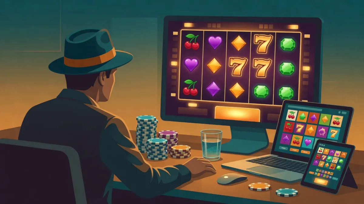 Ilustración de un jugador con sombrero ante una tragaperras en pantalla, con fichas y un portátil junto a él